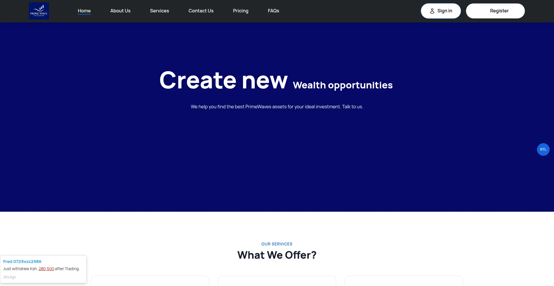 Website screenshot of Primewaves.live
