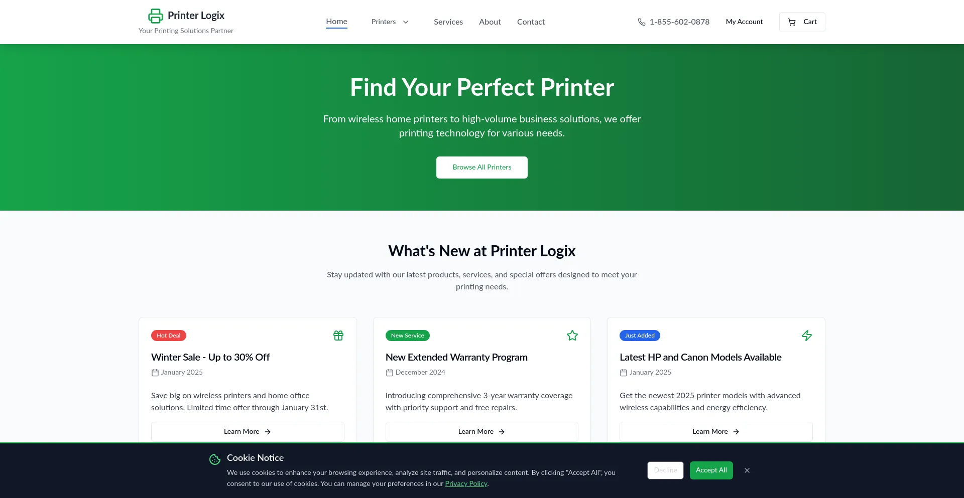 Website screenshot of Printerlogix.net