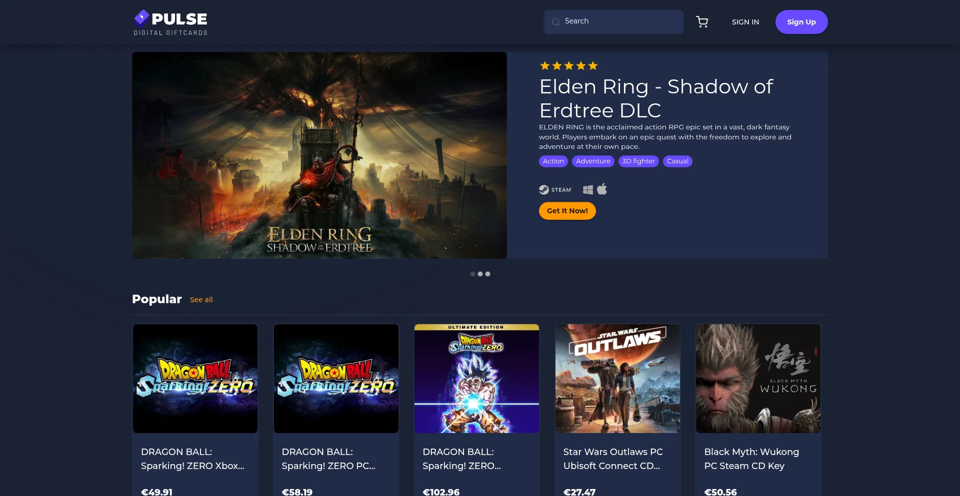 Website screenshot of Pulsegiftcards.com