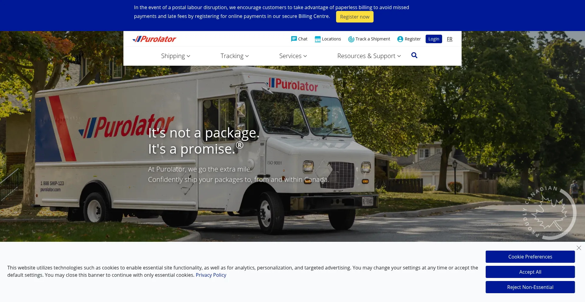 Website screenshot of Purolator.com