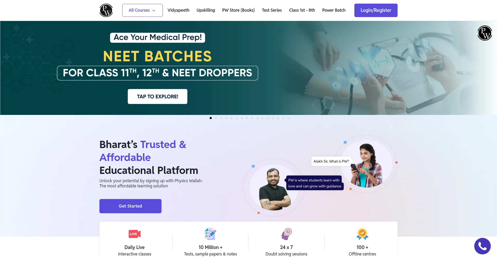 Website screenshot of Pw.live