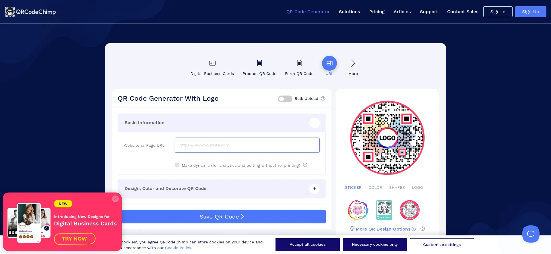 Website screenshot of Qrcodechimp.com
