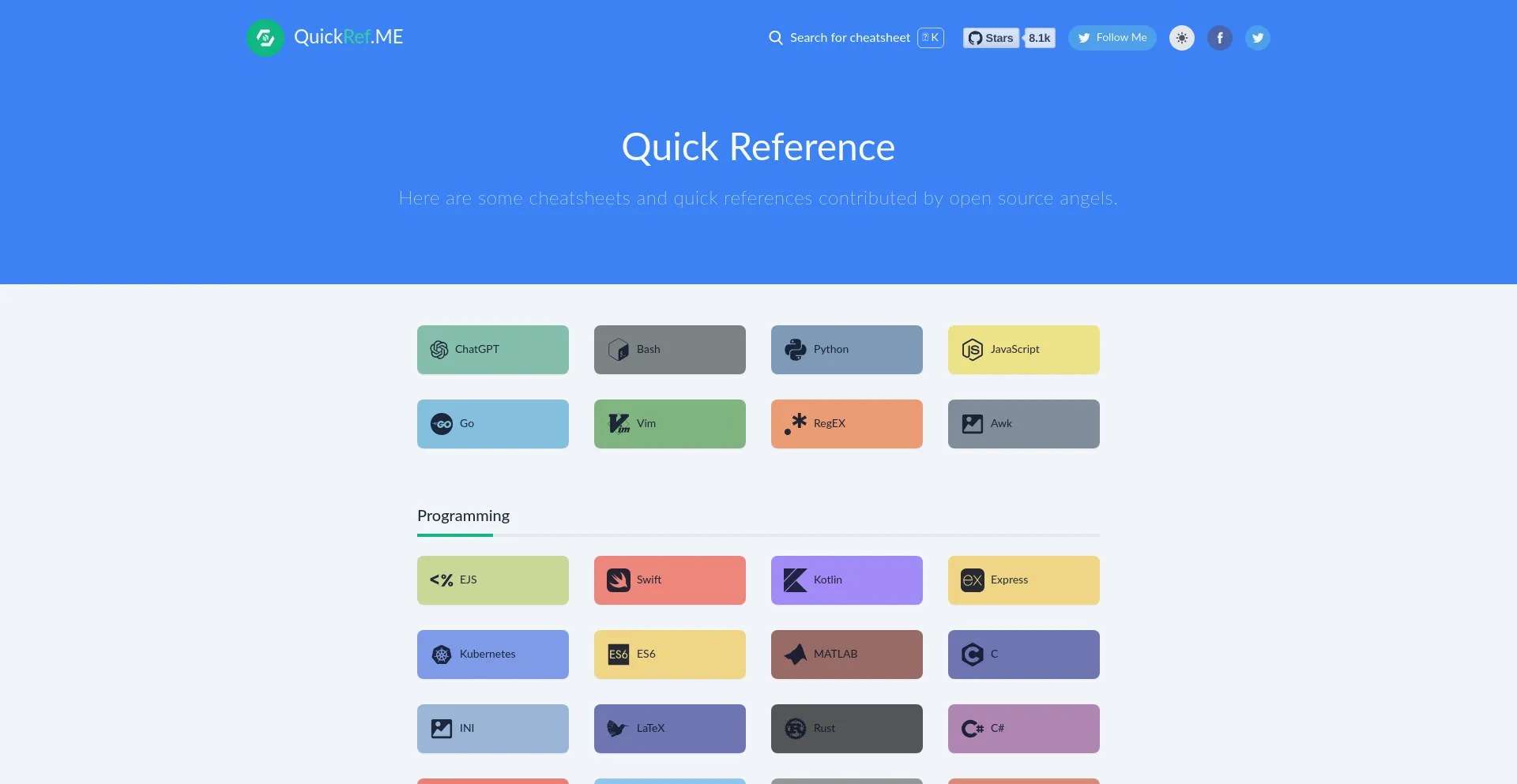 Website screenshot of Quickref.me