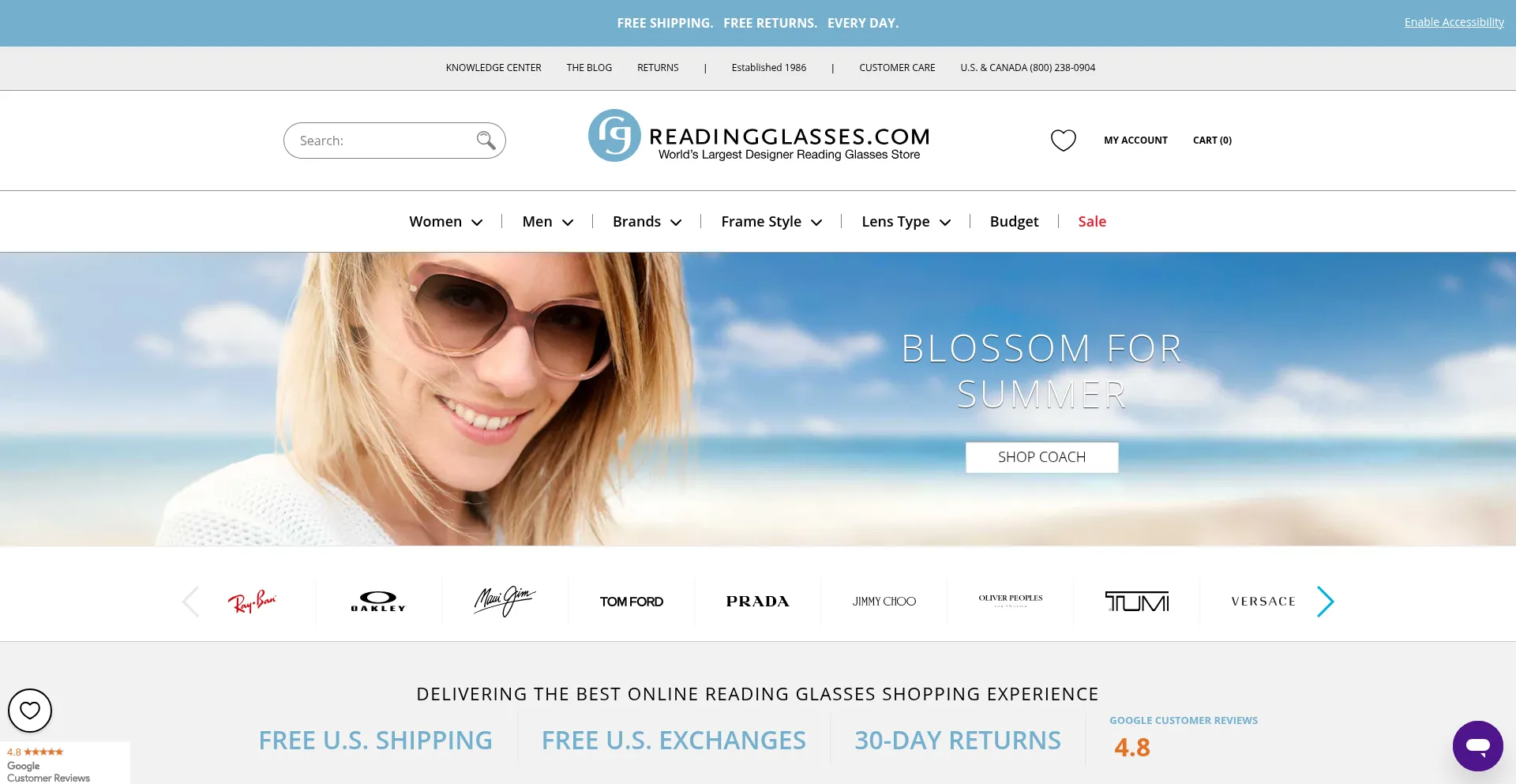 Website screenshot of Readingglasses.com
