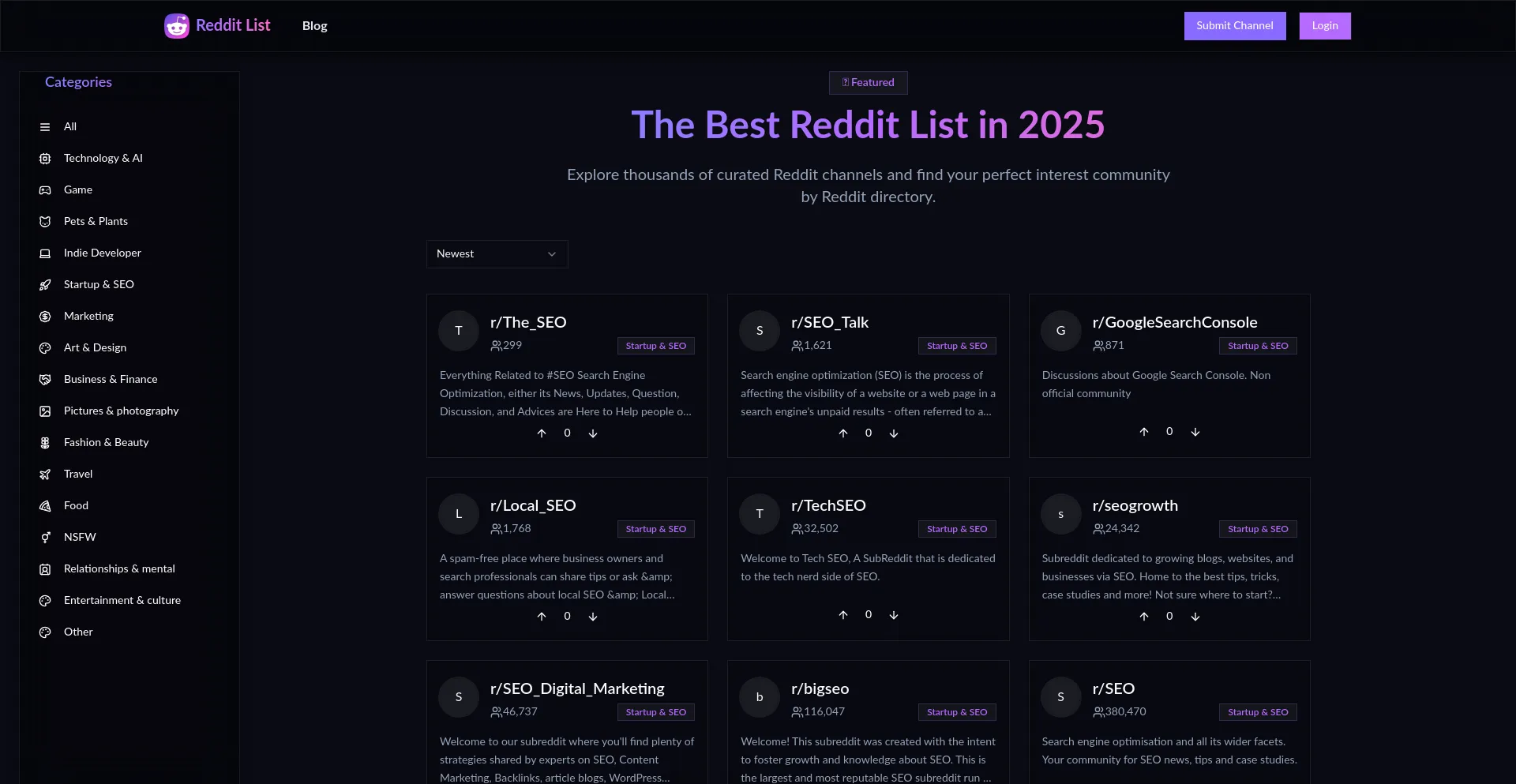 Website screenshot of Reddit-list.com