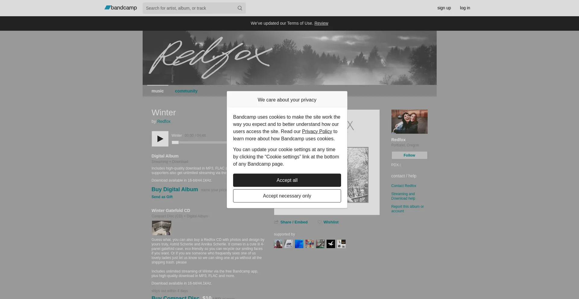 Website screenshot of Redfoxportland.bandcamp.com