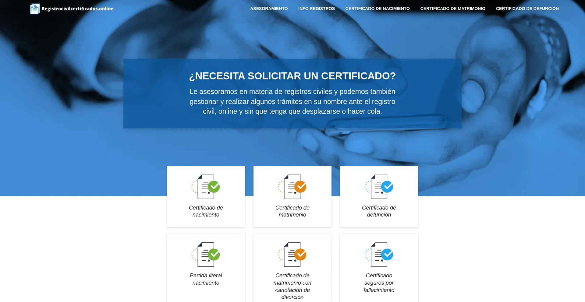 Website screenshot of Registrocivilcertificados.online