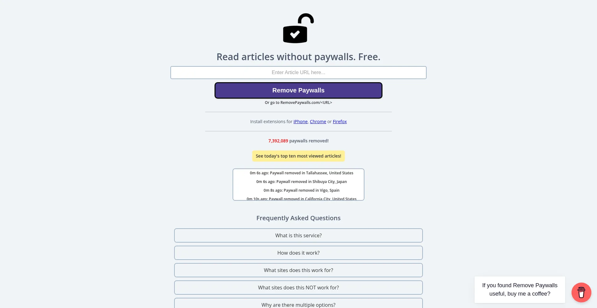 Website screenshot of Removepaywalls.com