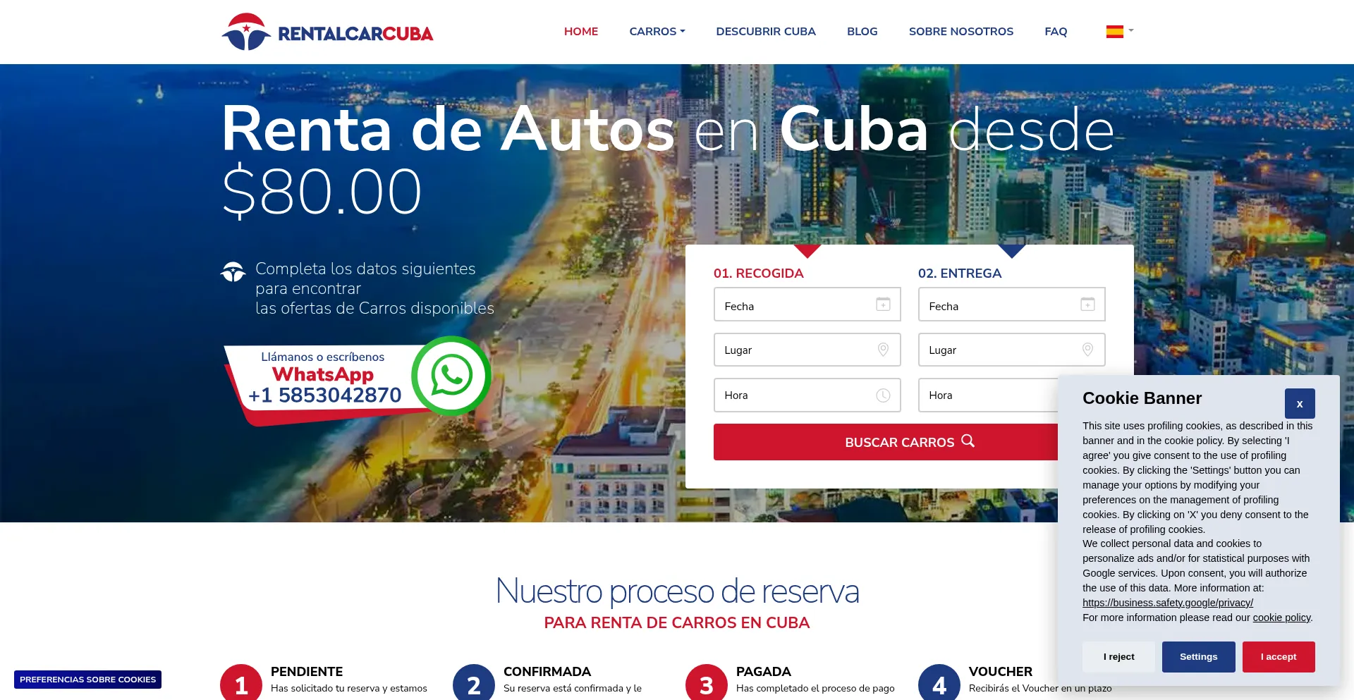 Website screenshot of Rentalcarcuba.com