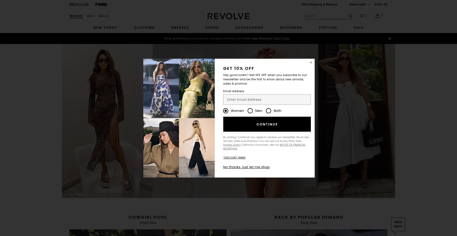 Website screenshot of Revolve.com