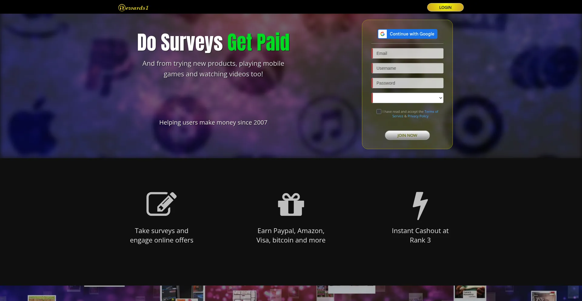 Website screenshot of Rewards1.com
