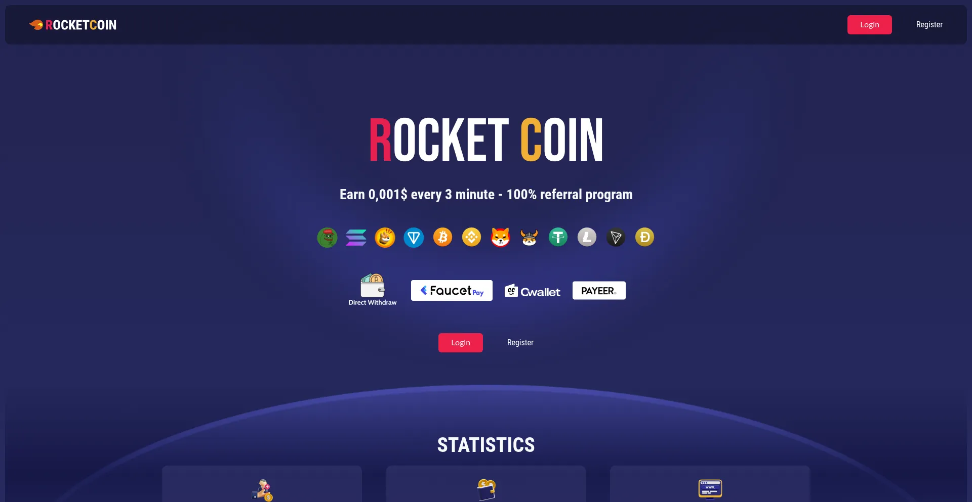Website screenshot of Rocketcoin.money