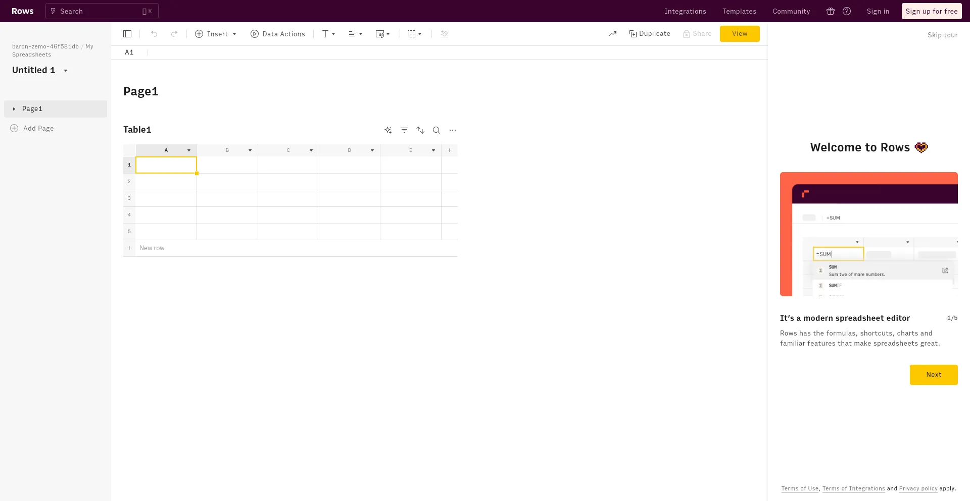 Website screenshot of Rows.com