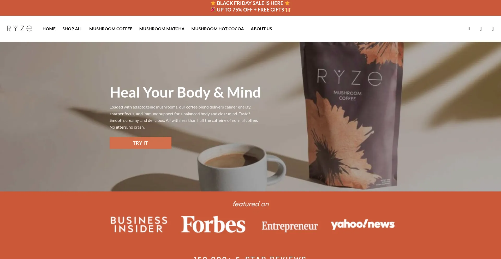 Website screenshot of Ryzescoffee.com