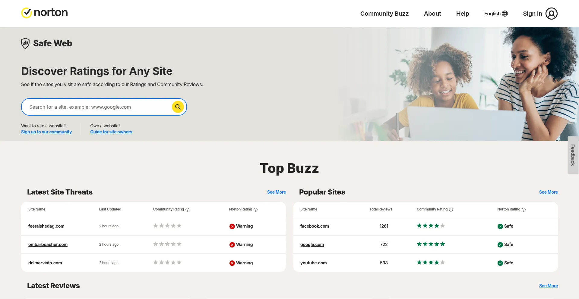 Website screenshot of Safeweb.norton.com