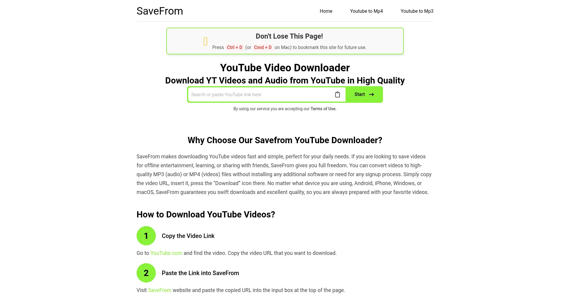 Website screenshot of Savefrom.space