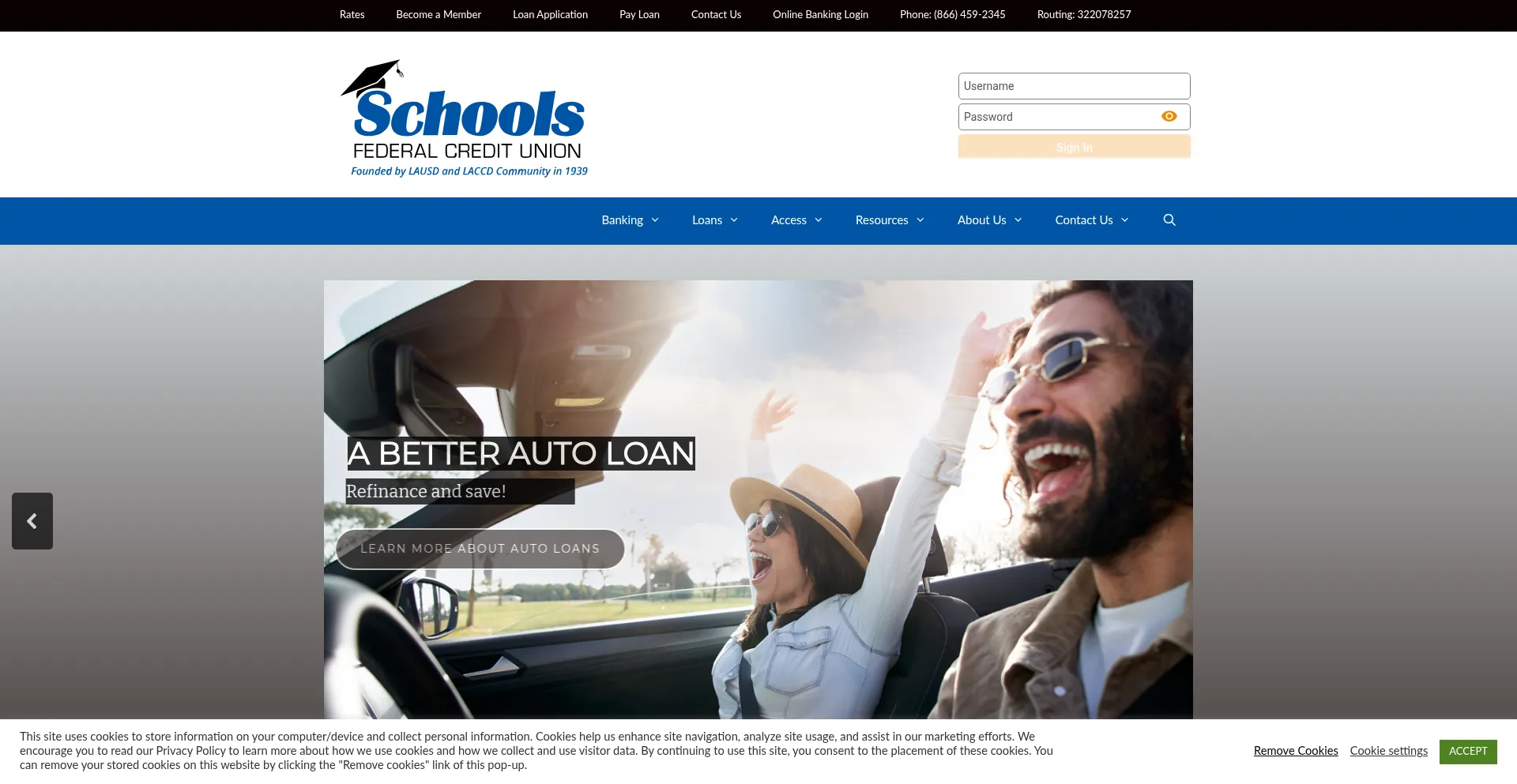 Website screenshot of Schoolsfcu.org