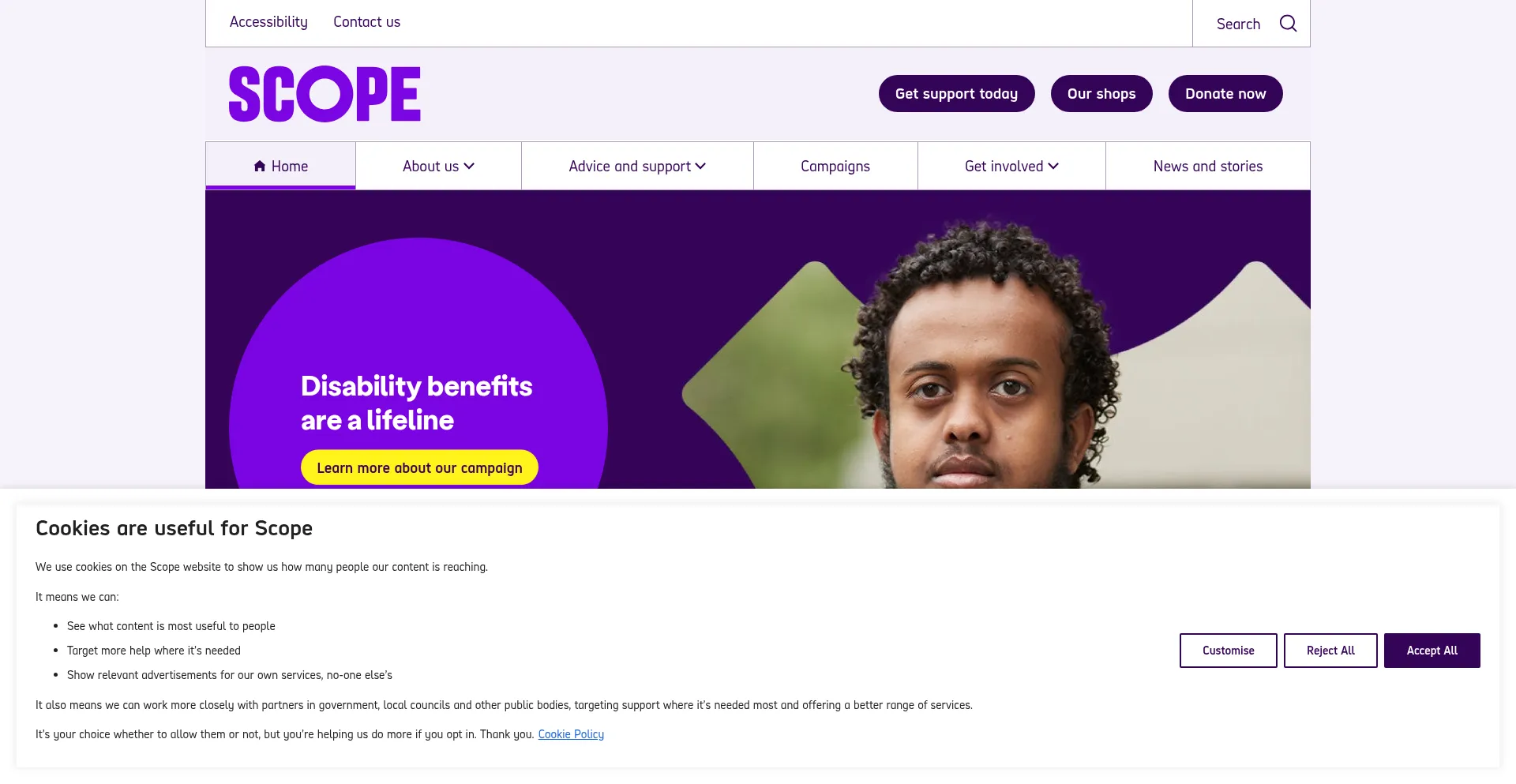 Website screenshot of Scope.org.uk