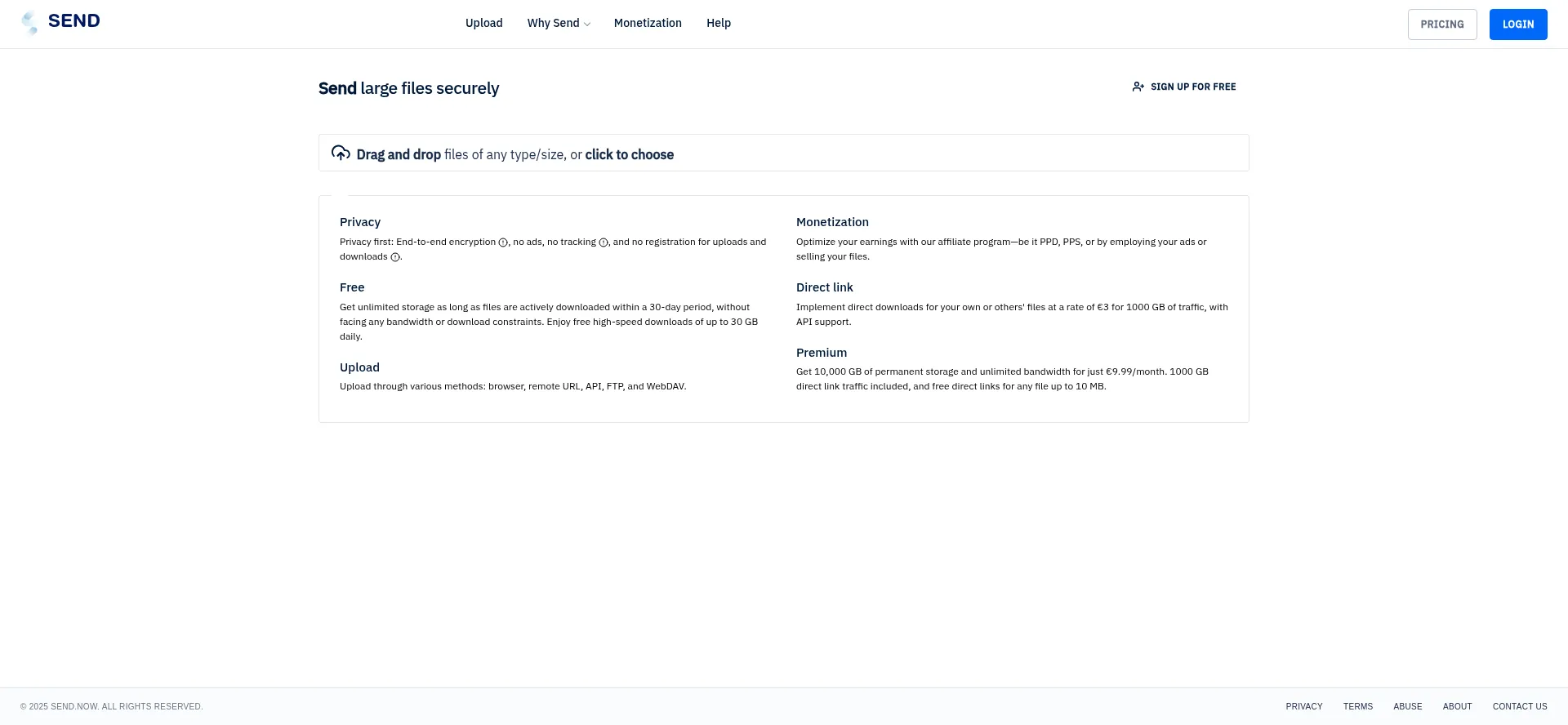 Website screenshot of Send.now
