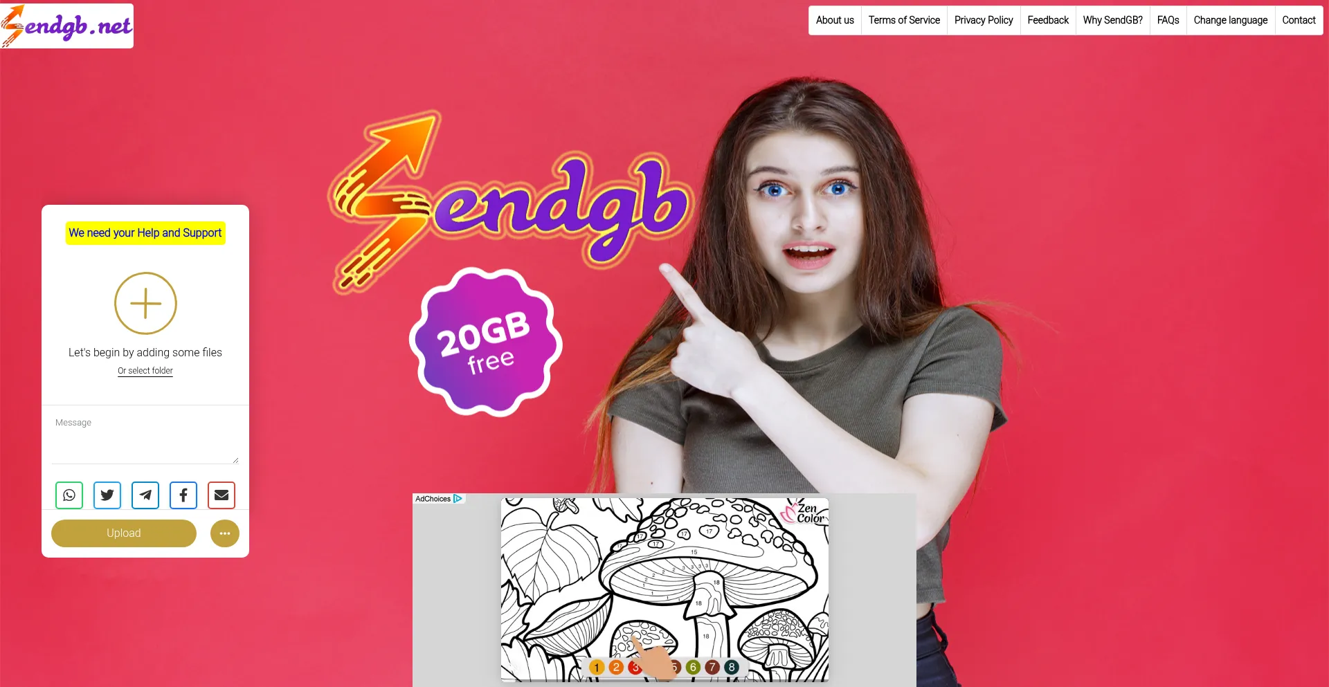 Website screenshot of Sendgb.net