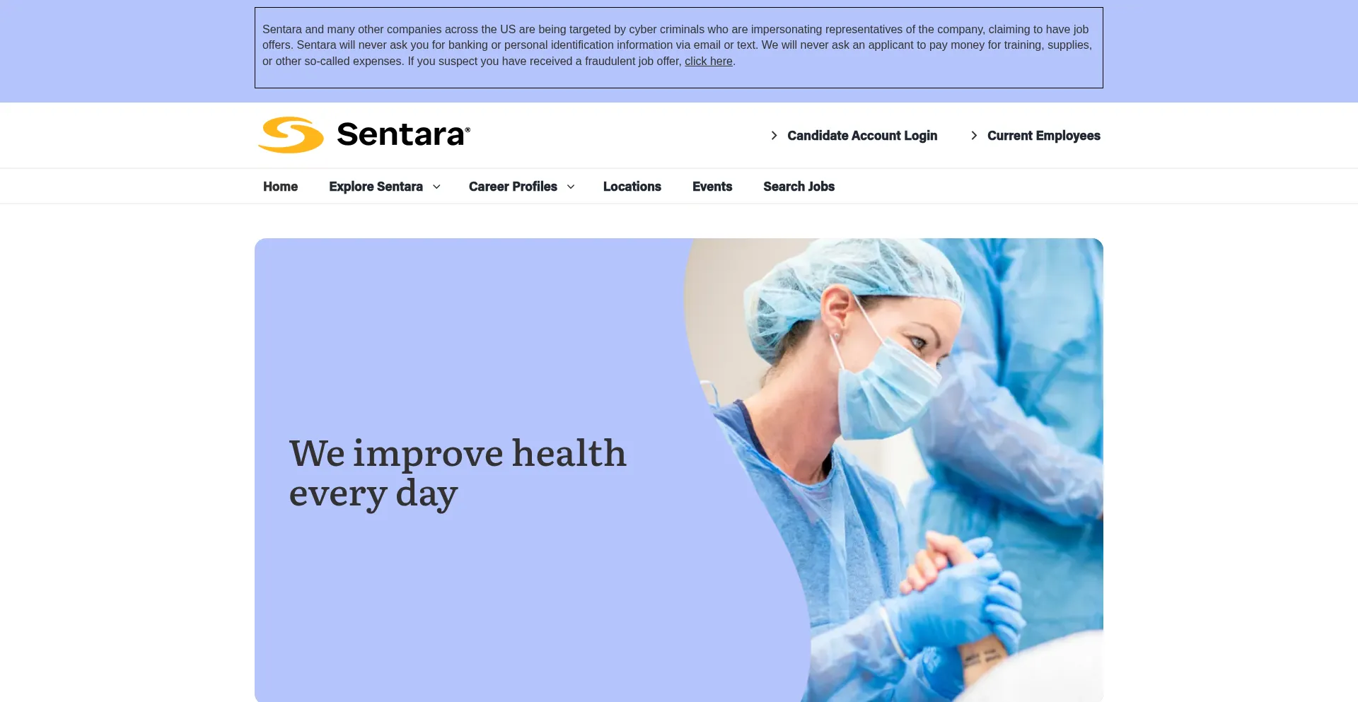 Website screenshot of Sentaracareers.com