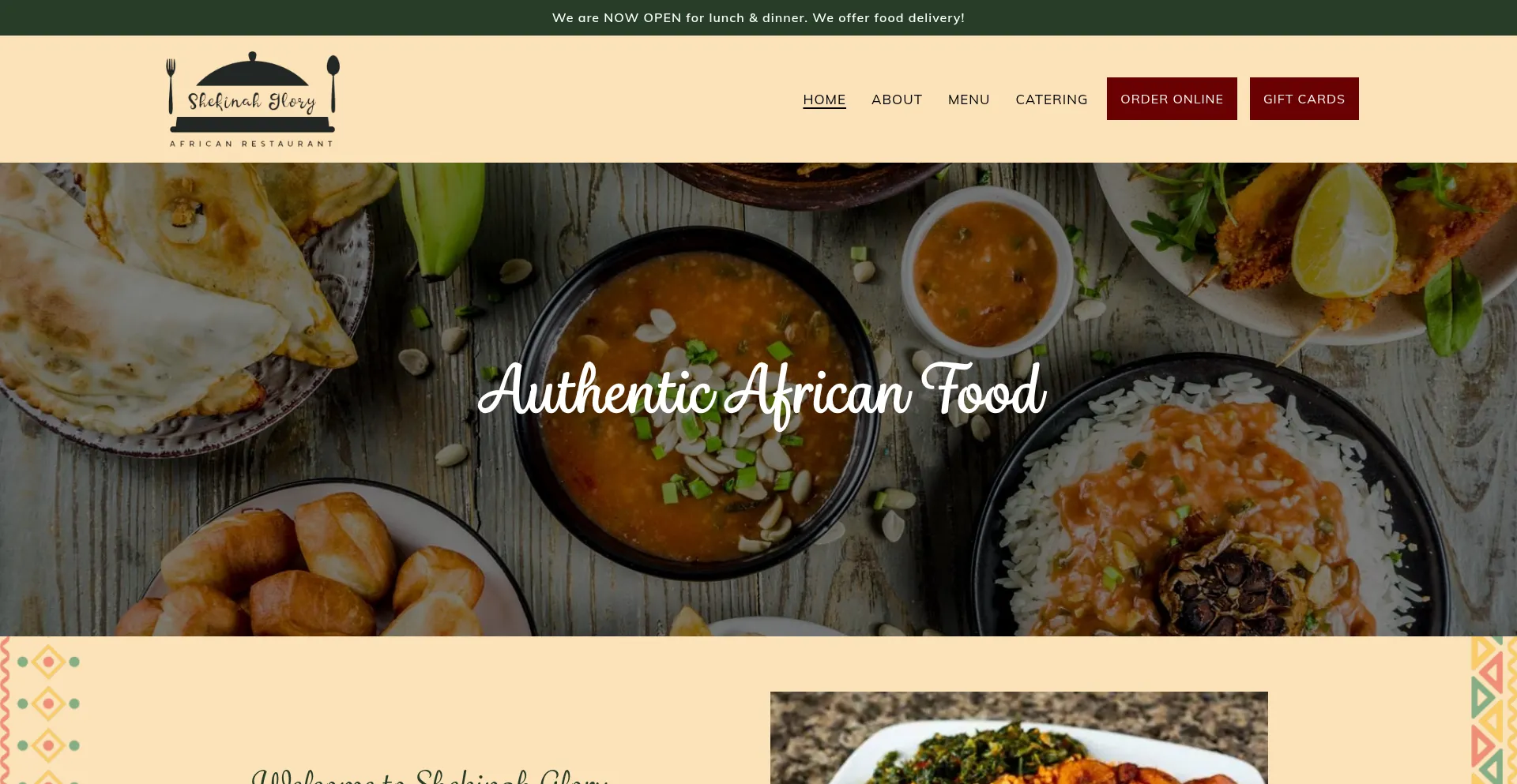 Website screenshot of Shekinahgloryrestaurant.com