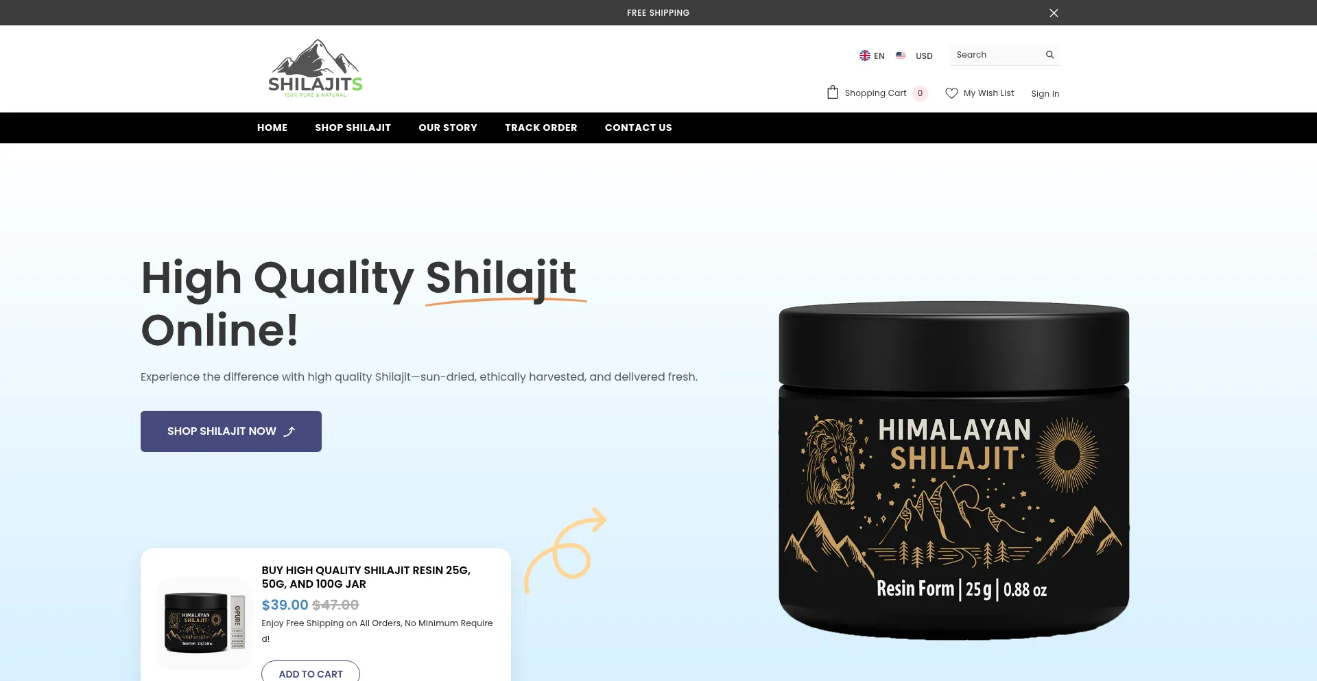 Website screenshot of Shilajits.com