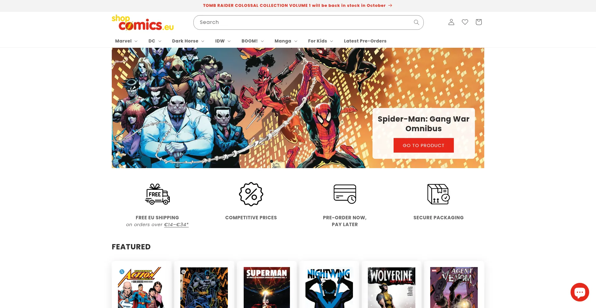 Website screenshot of Shopcomics.eu
