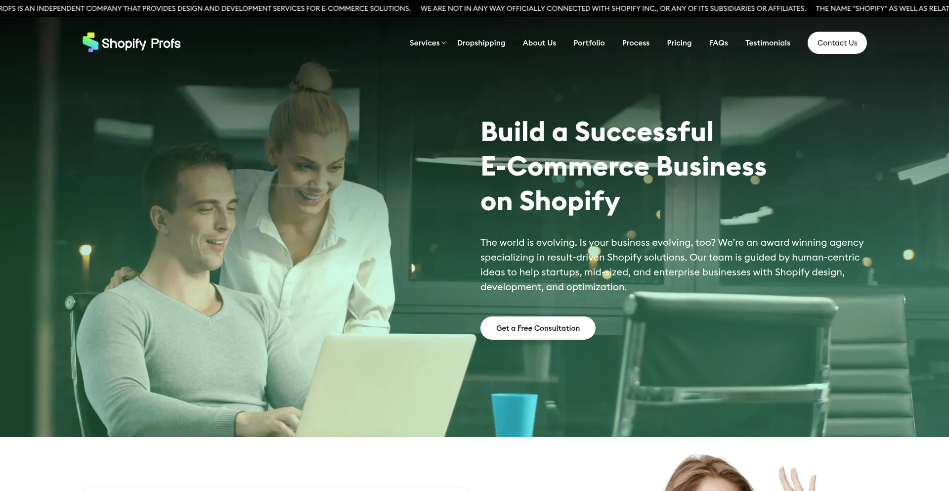 Website screenshot of Shopifyprofs.com