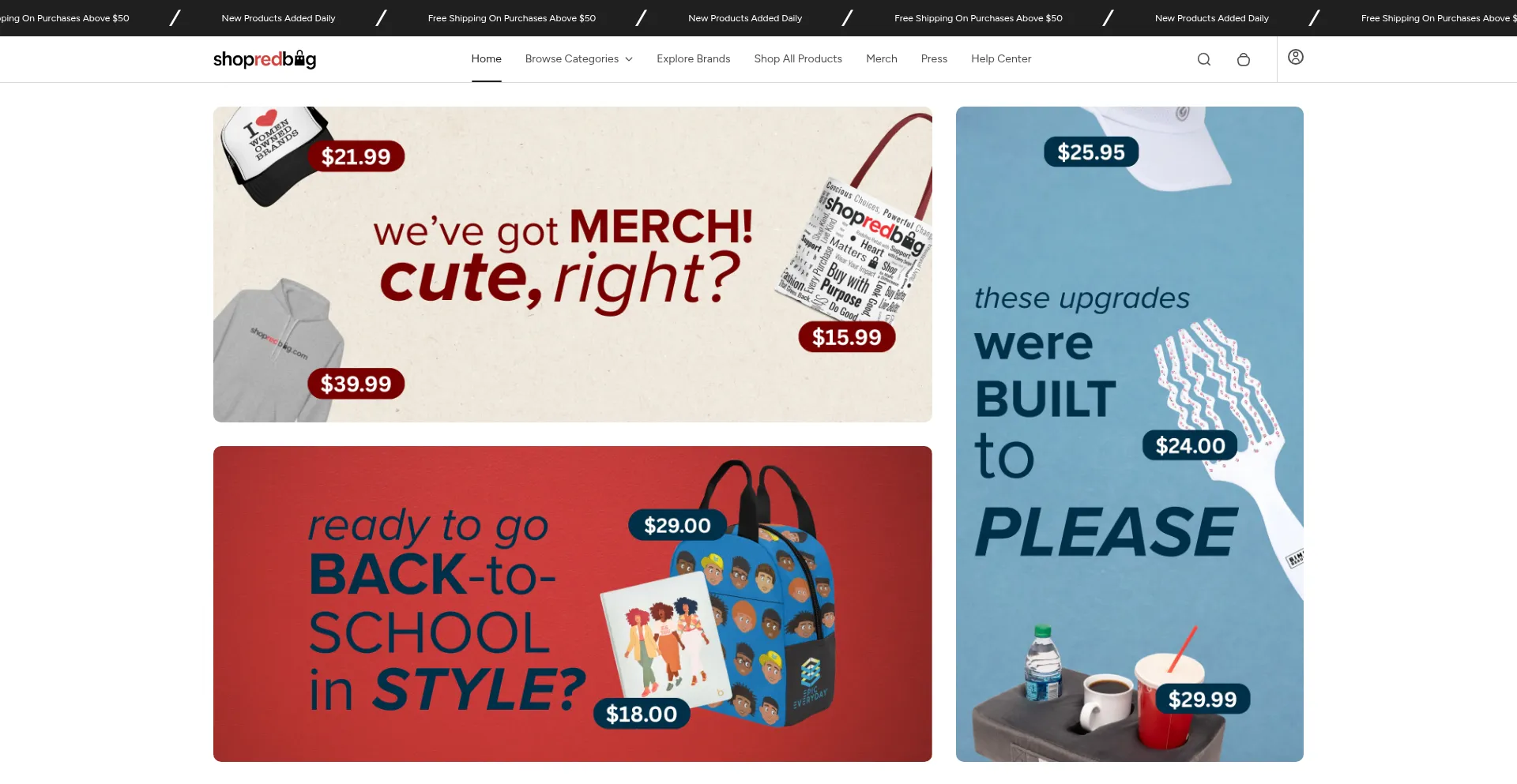 Website screenshot of Shopredbag.com