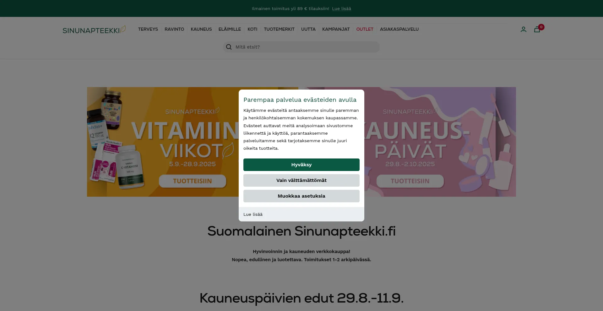 Website screenshot of Sinunapteekki.fi