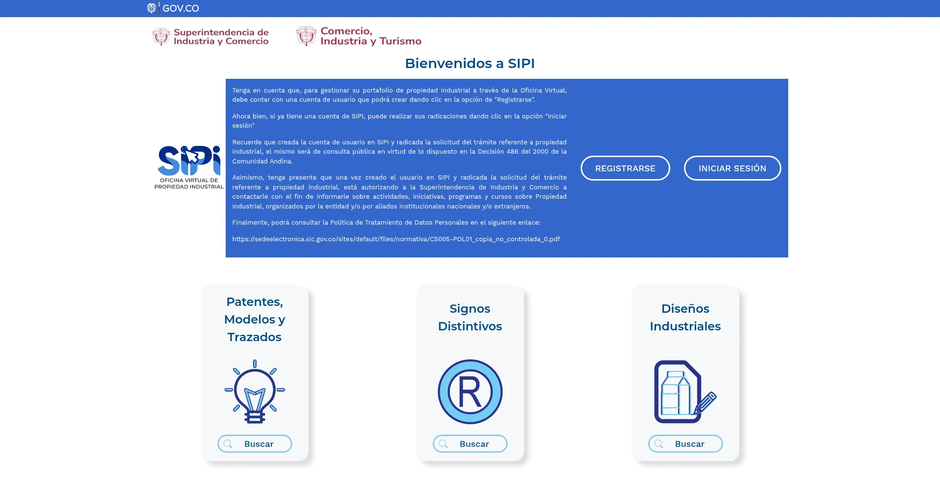Website screenshot of Sipi.sic.gov.co