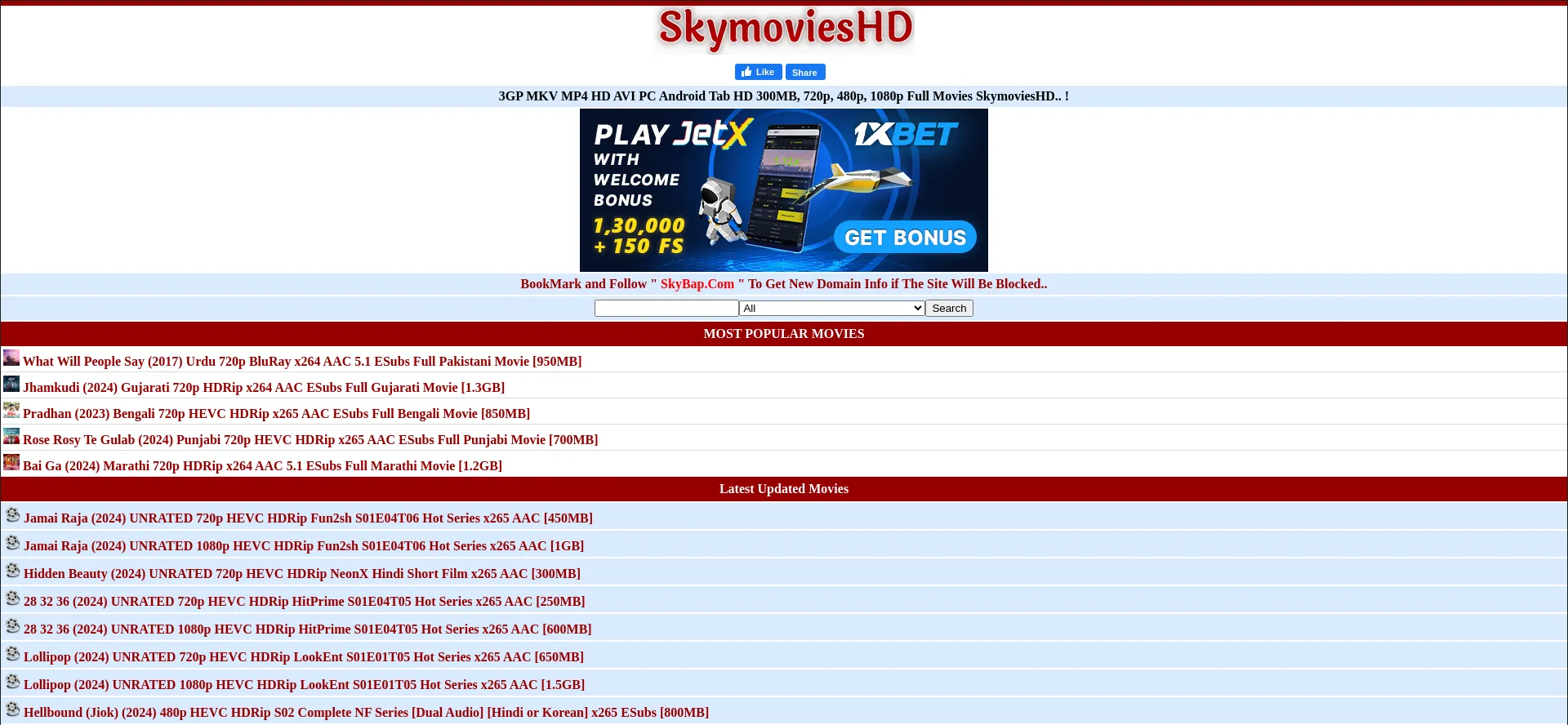 Website screenshot of Skymovieshd.vote