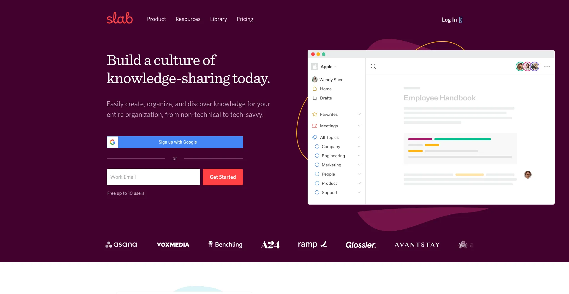 Website screenshot of Slab.com