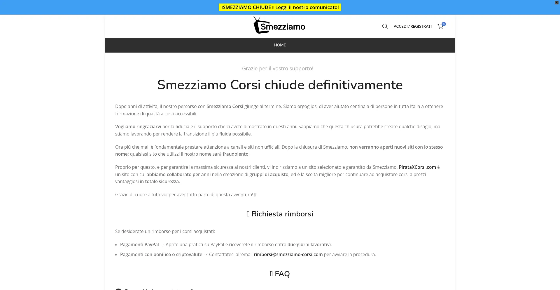 Website screenshot of Smezziamocorsi.io