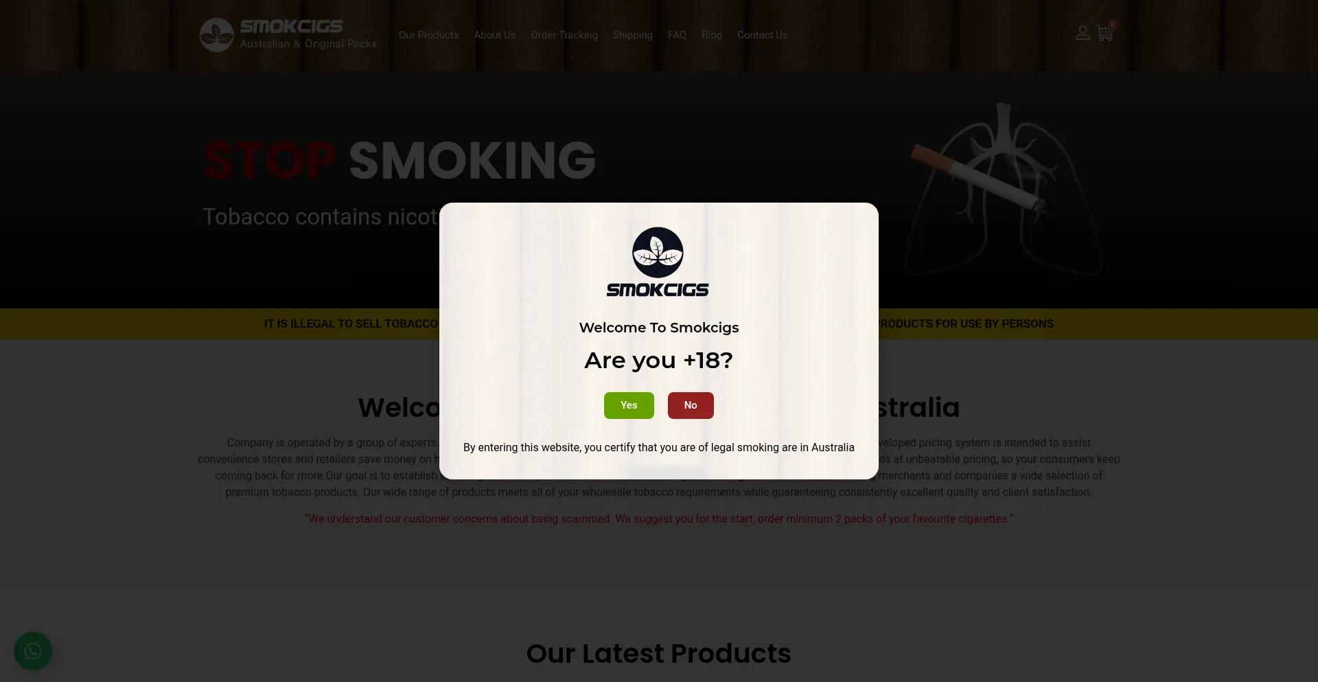 Website screenshot of Smokcigs.com.au