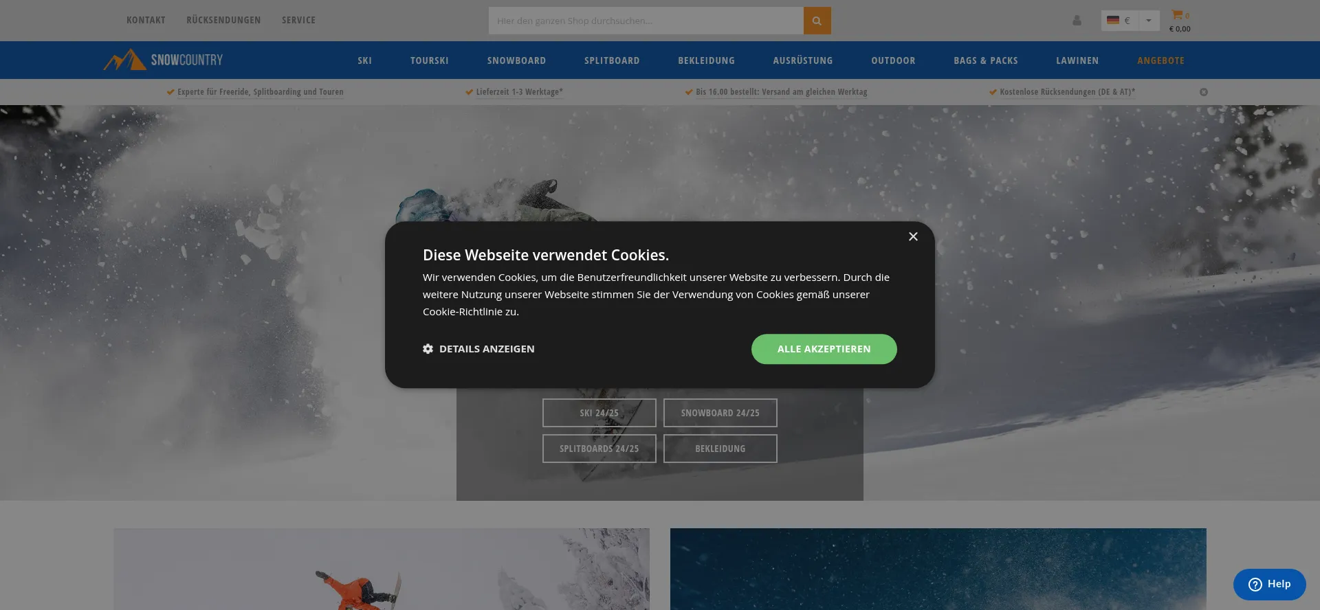 Website screenshot of Snowcountry.de