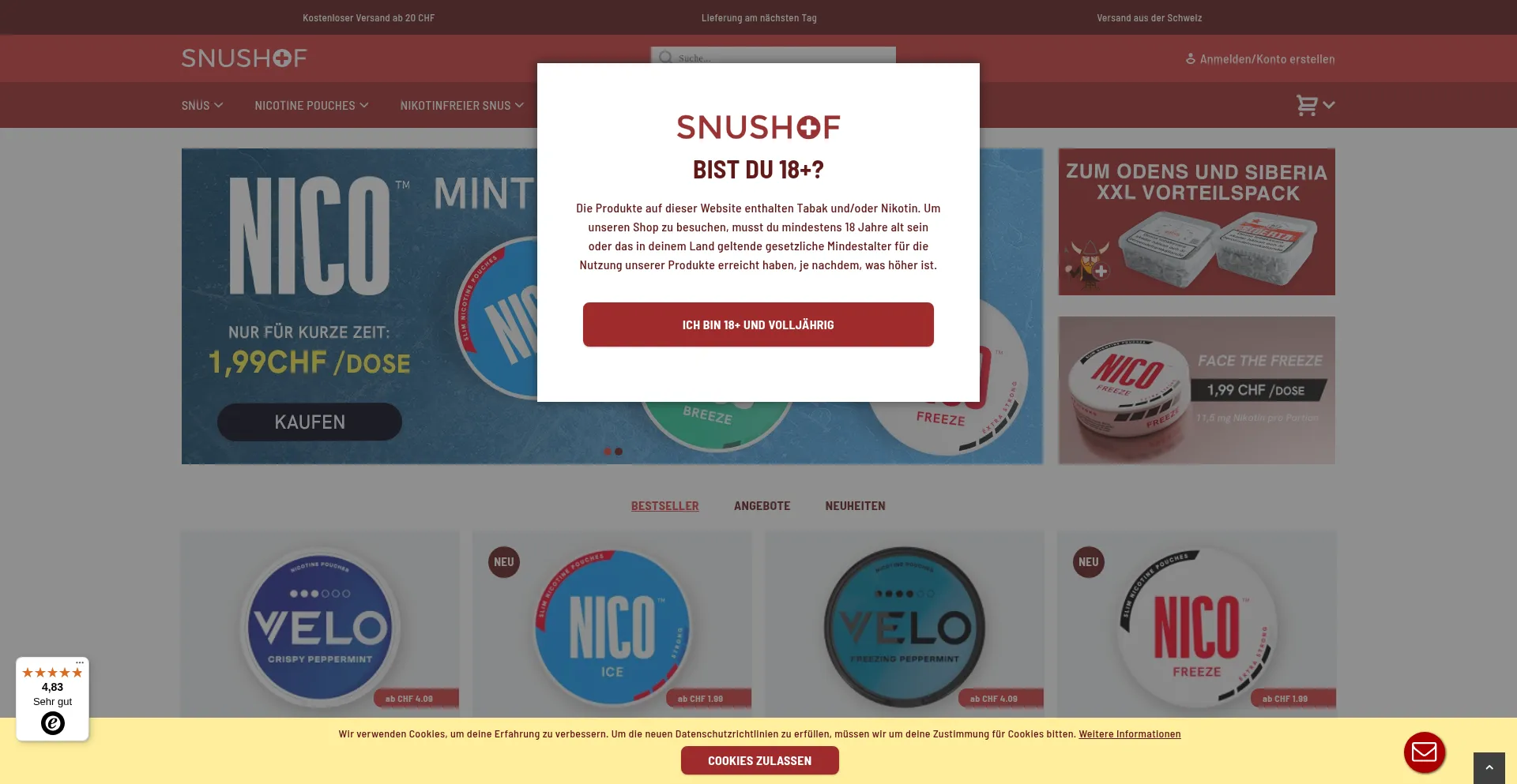 Website screenshot of Snushof.ch