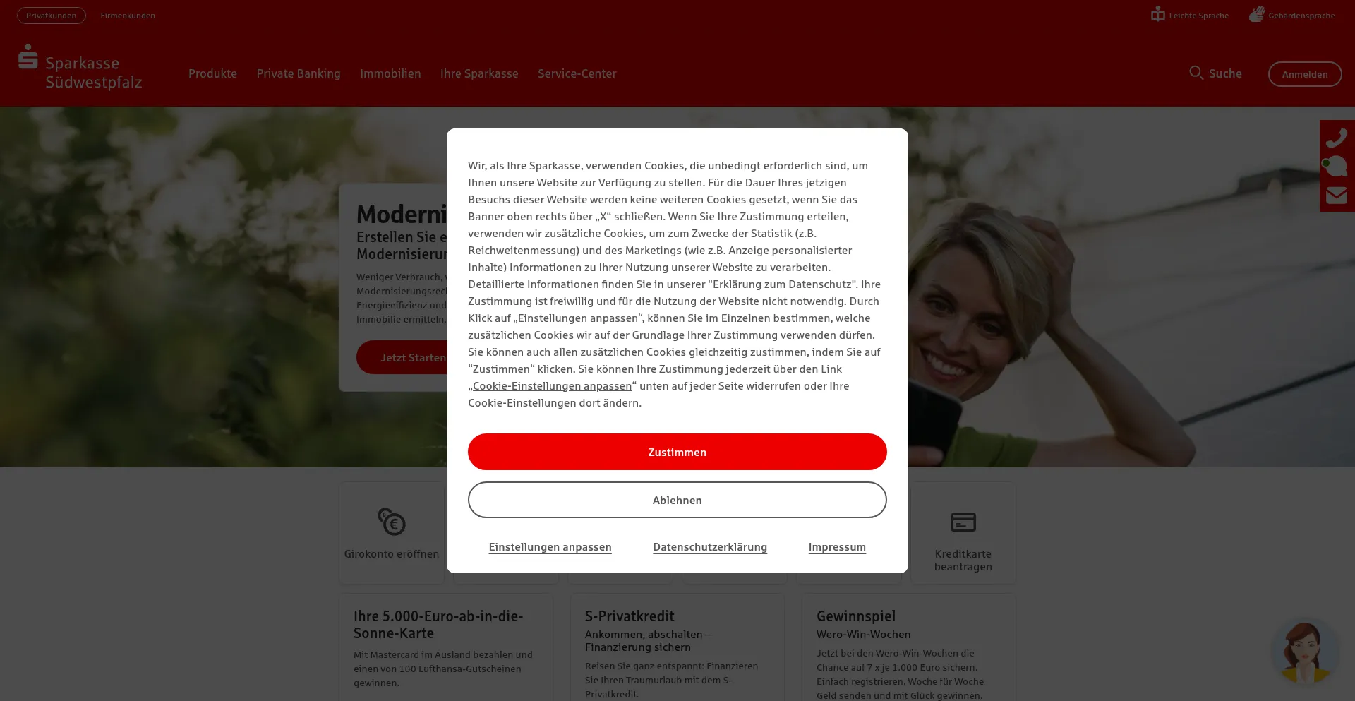 Website screenshot of Sparkasse-suedwestpfalz.de