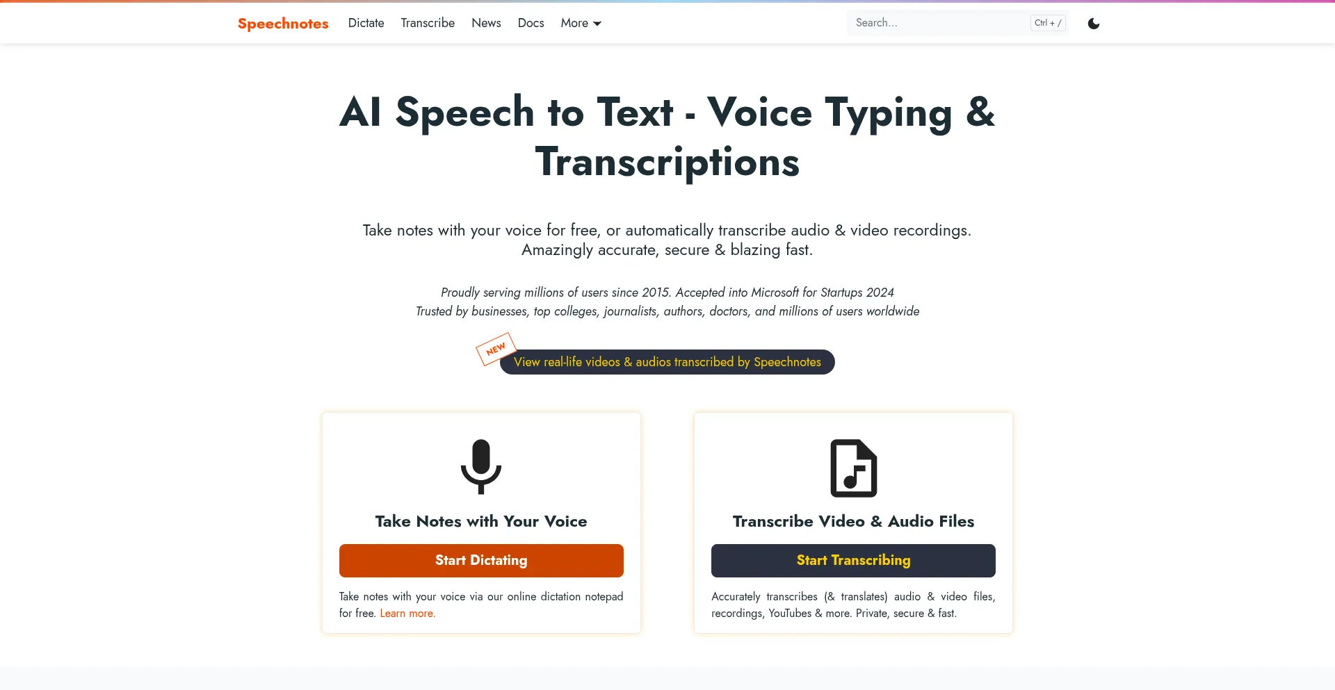 Website screenshot of Speechnotes.co