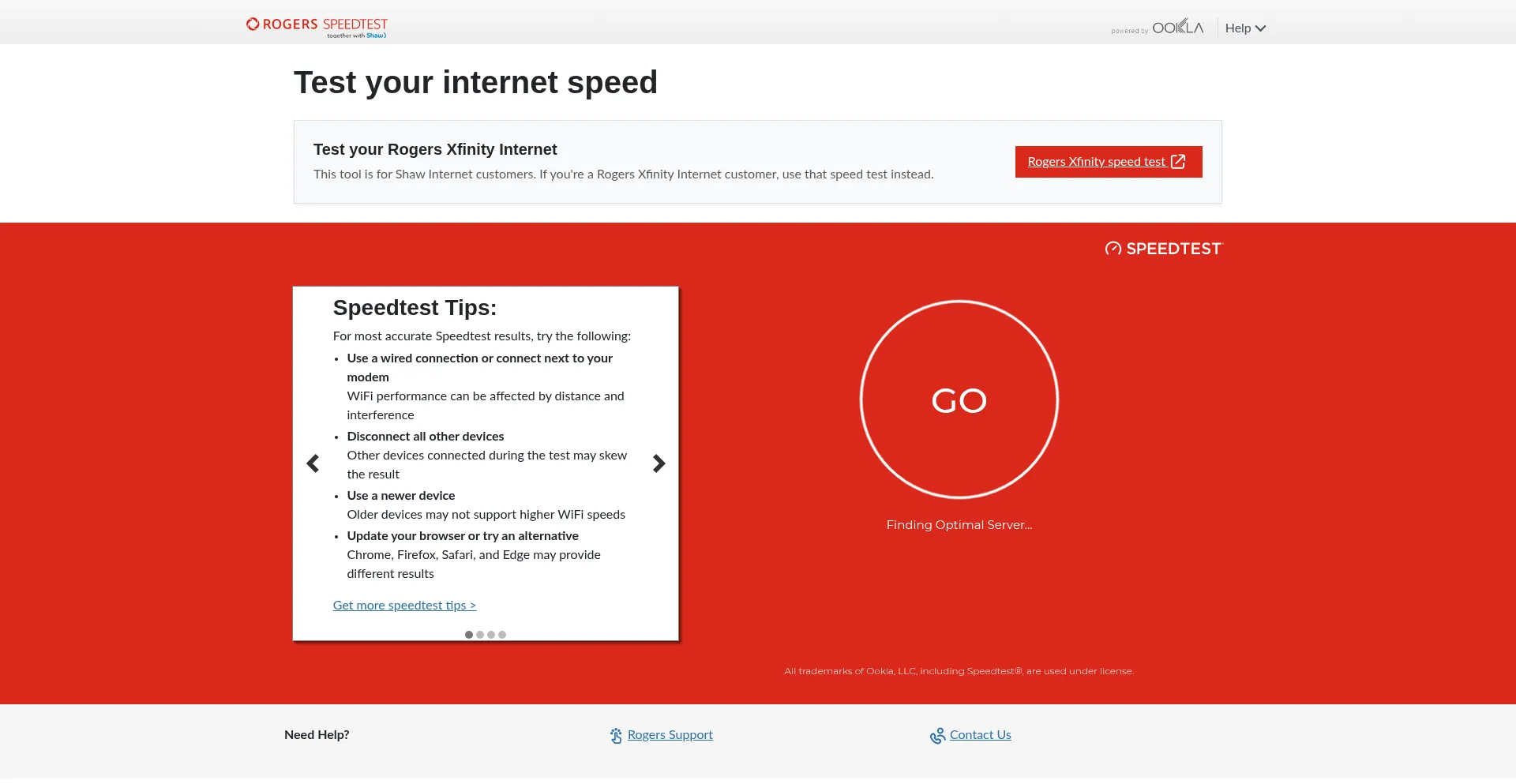 Website screenshot of Speedtest.shaw.ca