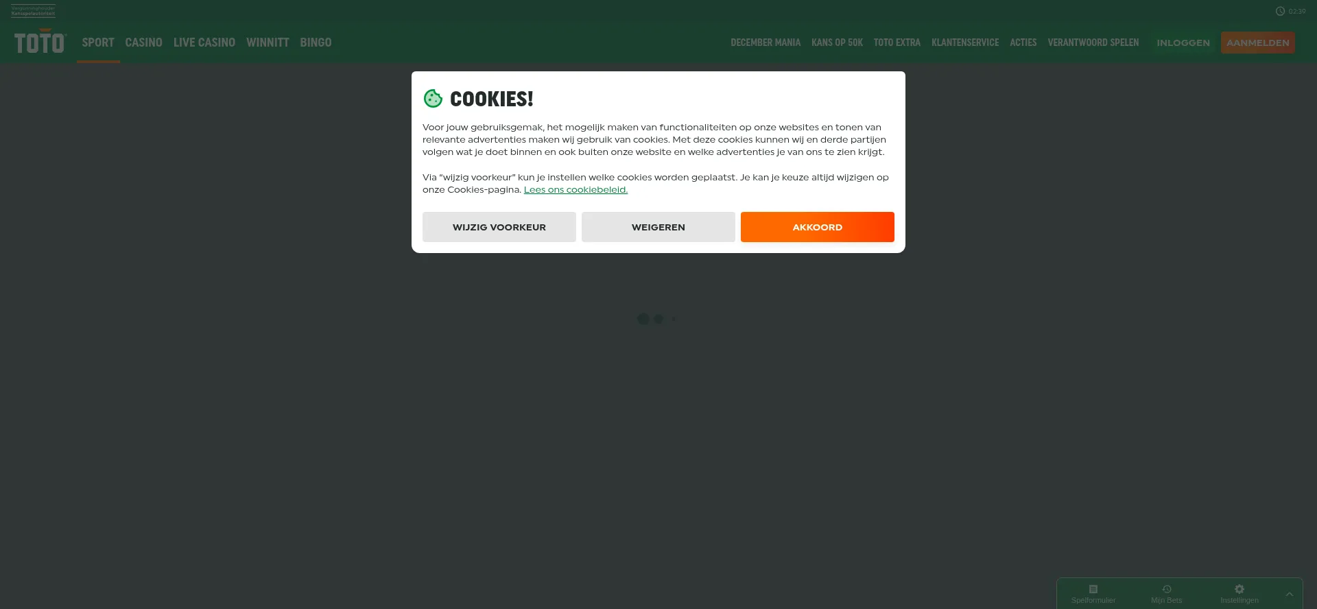 Website screenshot of Sport.toto.nl