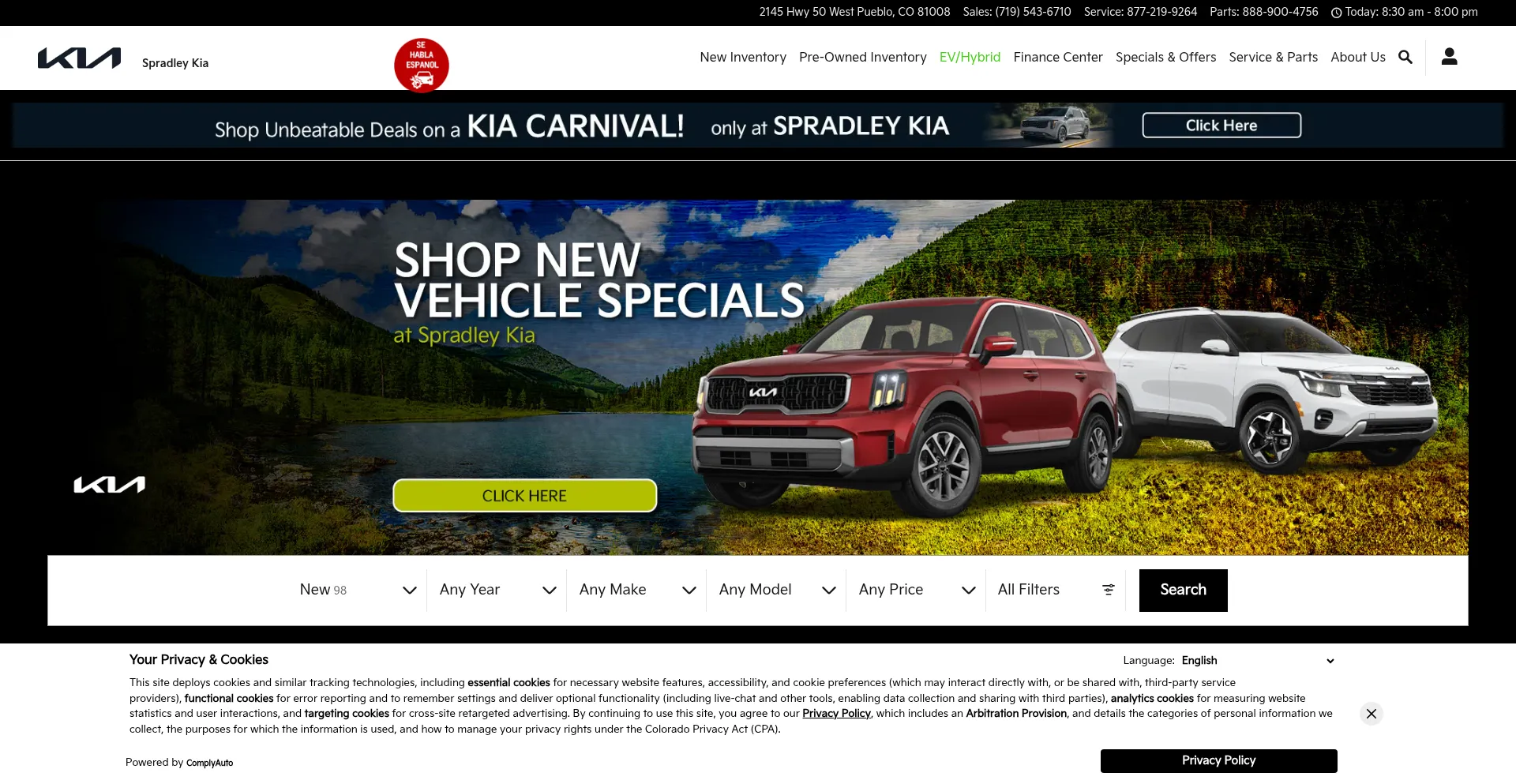 Website screenshot of Spradleykia.com