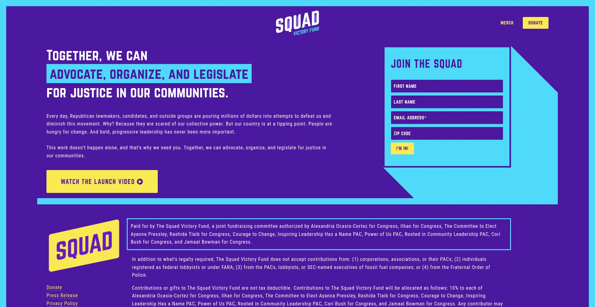 Website screenshot of Squadvictoryfund.com