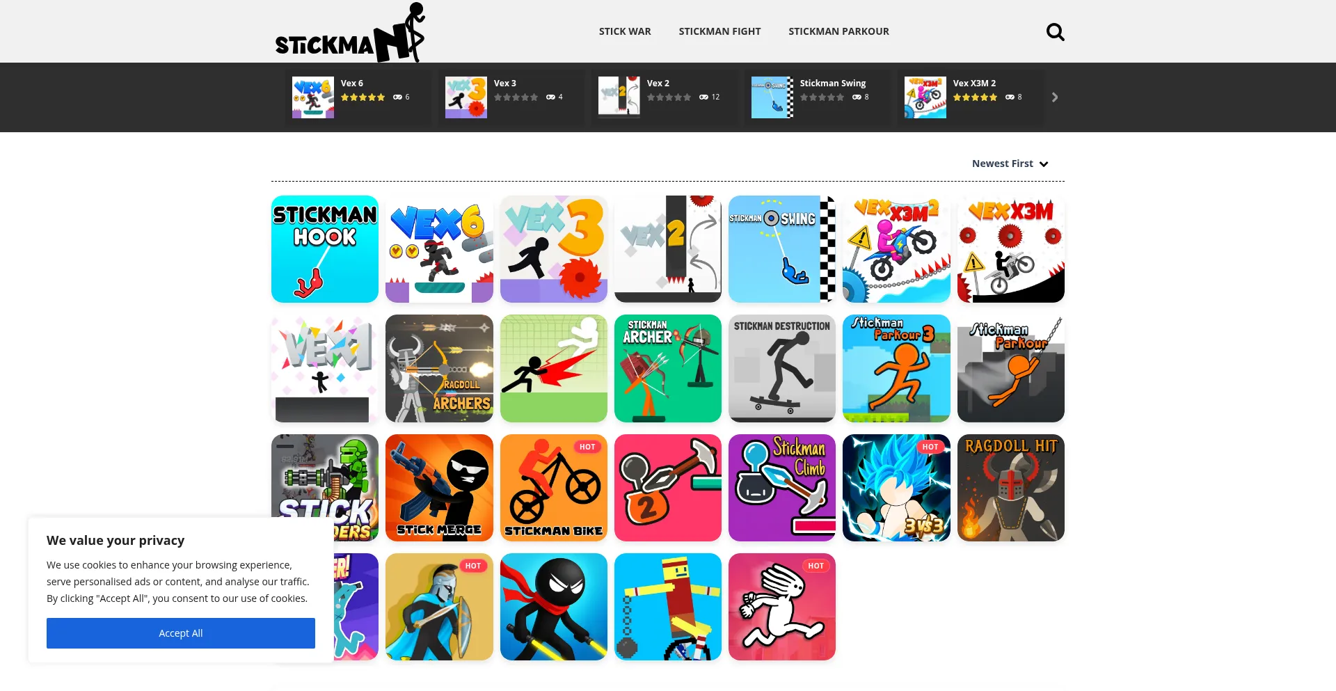 Website screenshot of Stickmangames.io