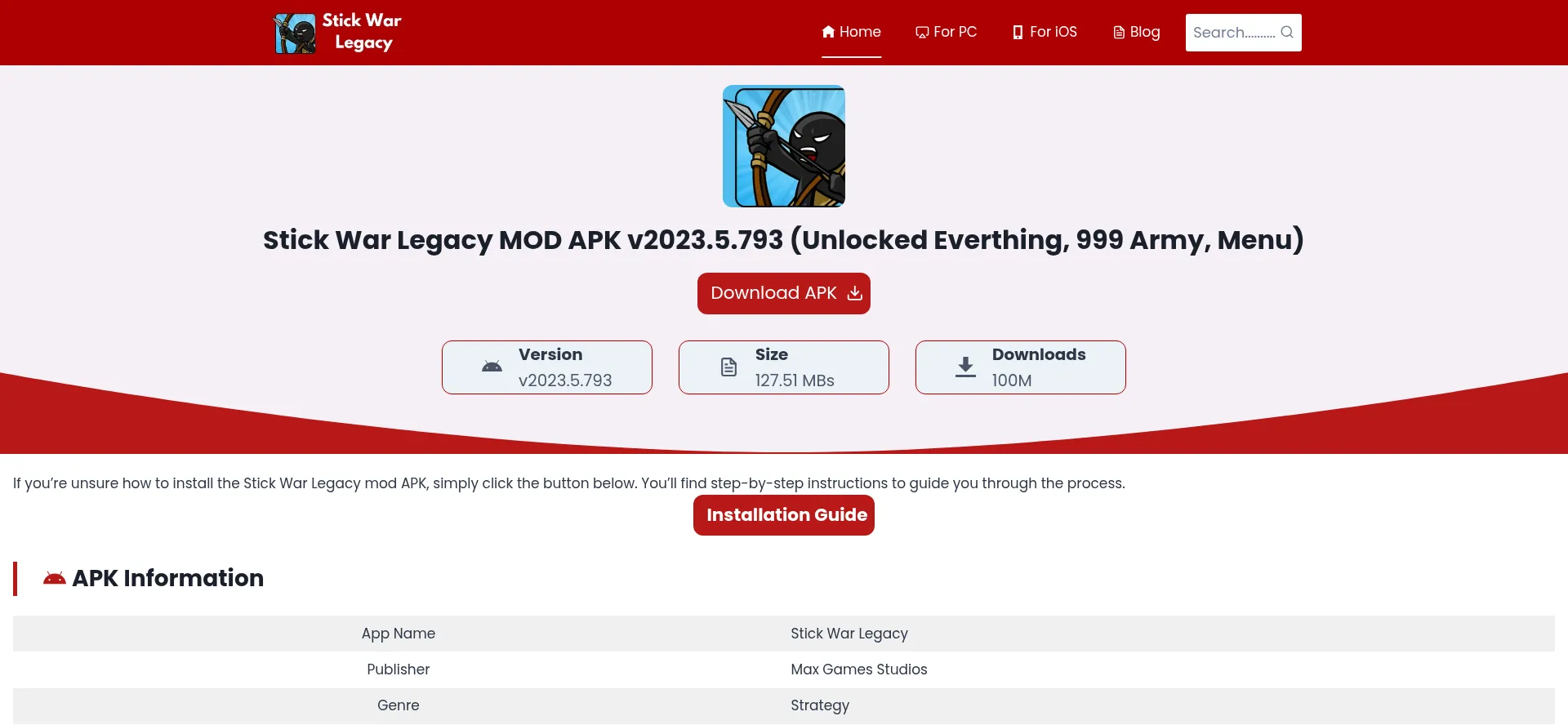 Website screenshot of Stickwarlegacyapps.com