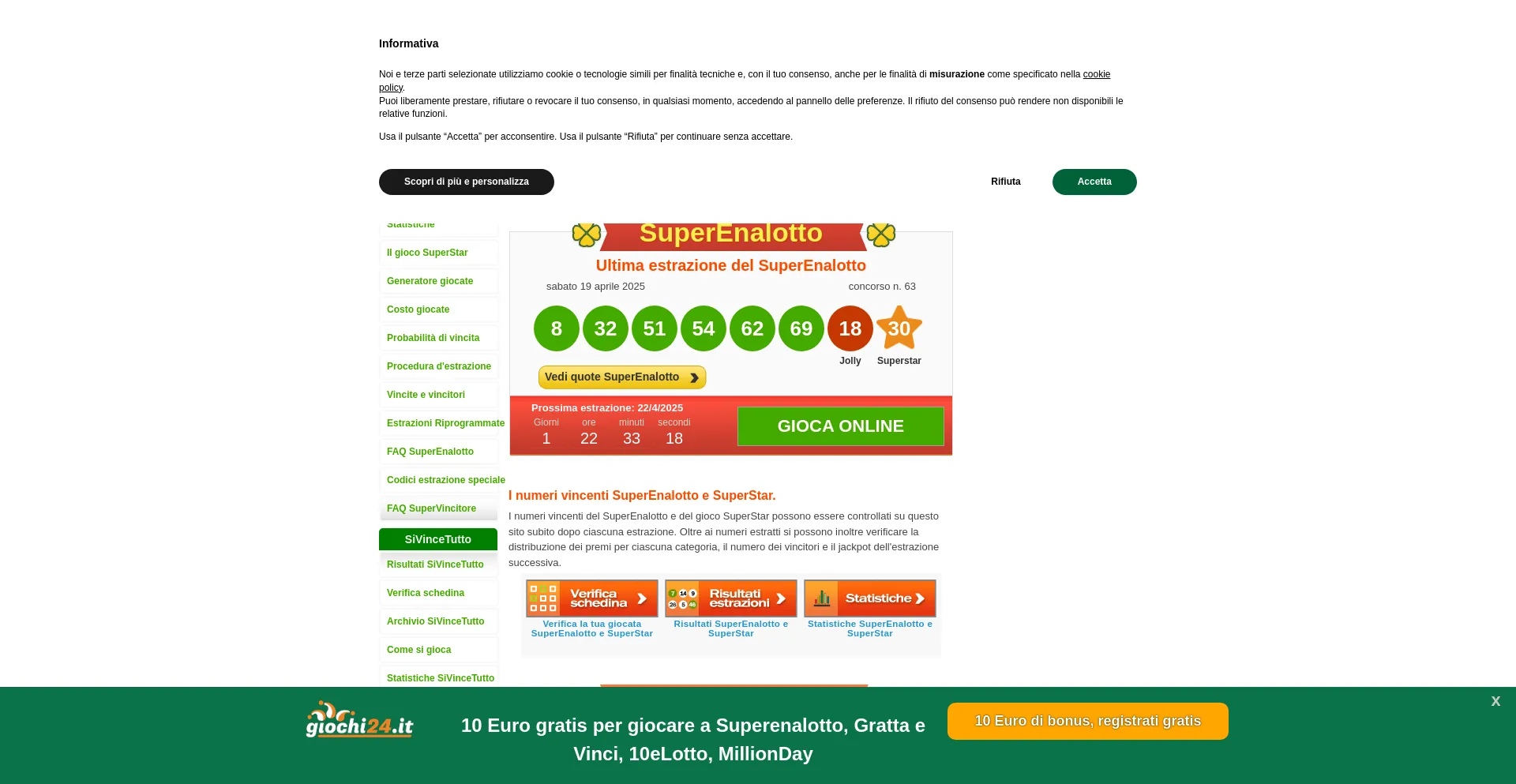 Website screenshot of Superenalotto.com