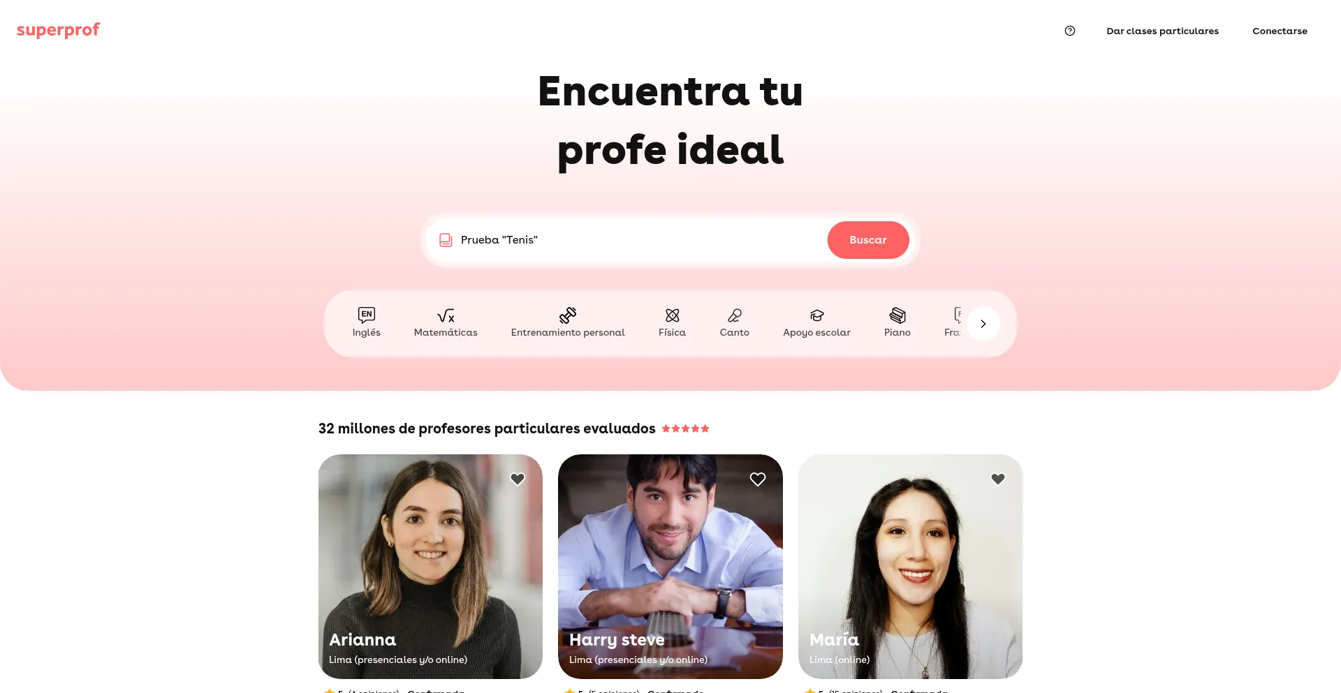 Website screenshot of Superprof.pe