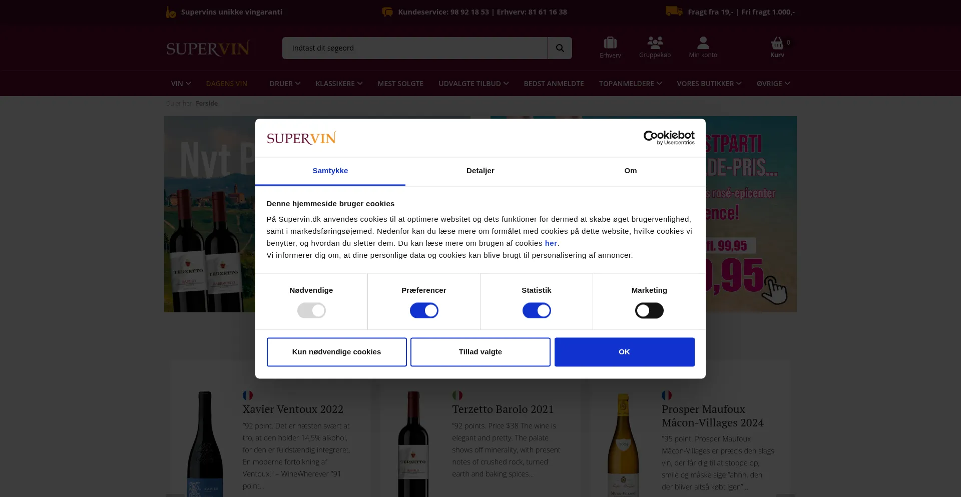 Website screenshot of Supervin.dk