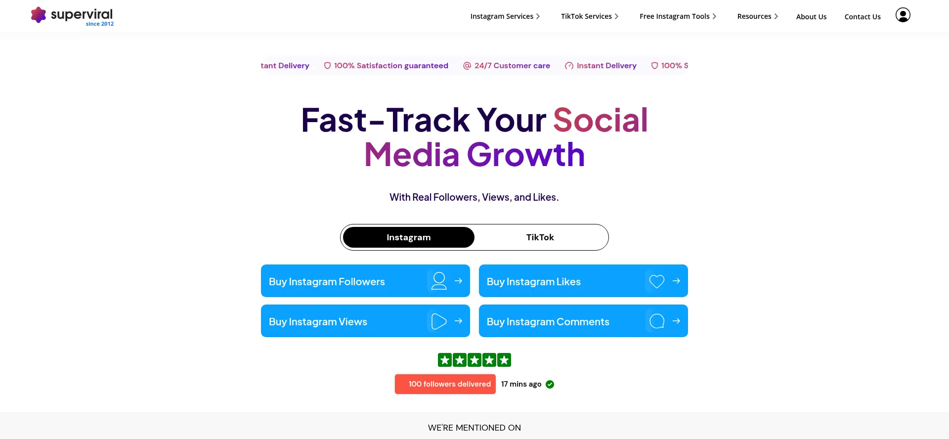 Website screenshot of Superviral.io